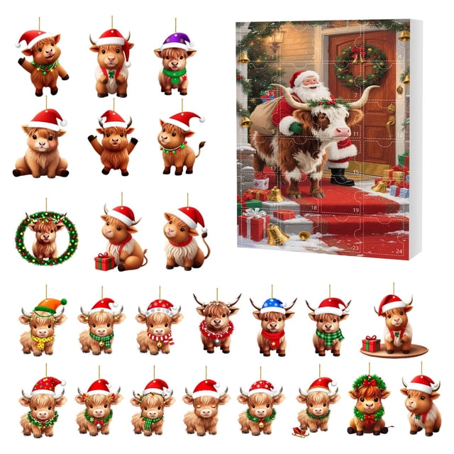 Calendario de Adviento de Navidad 2025 con diseño de vaca. Adorno colgante para el calendario de Adviento de los 24 días de Navidad.