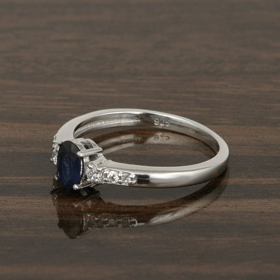 925 Sterling Silver 6X4mm Oval Shape Blue Sapphire Solitaire Accents Women Engagement Ring