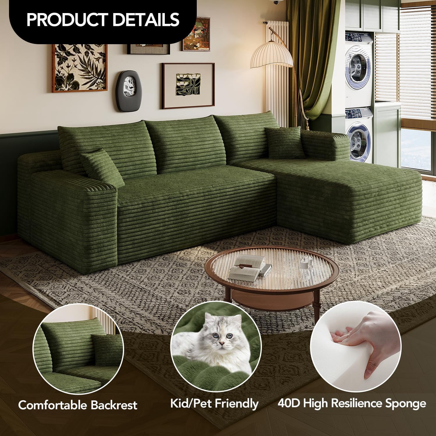 103" Cloud Sectional Sofa, Modern L Shaped Deep Seat Couch, Plush Corduroy Upholstered Sofa No Assembly, Living Room