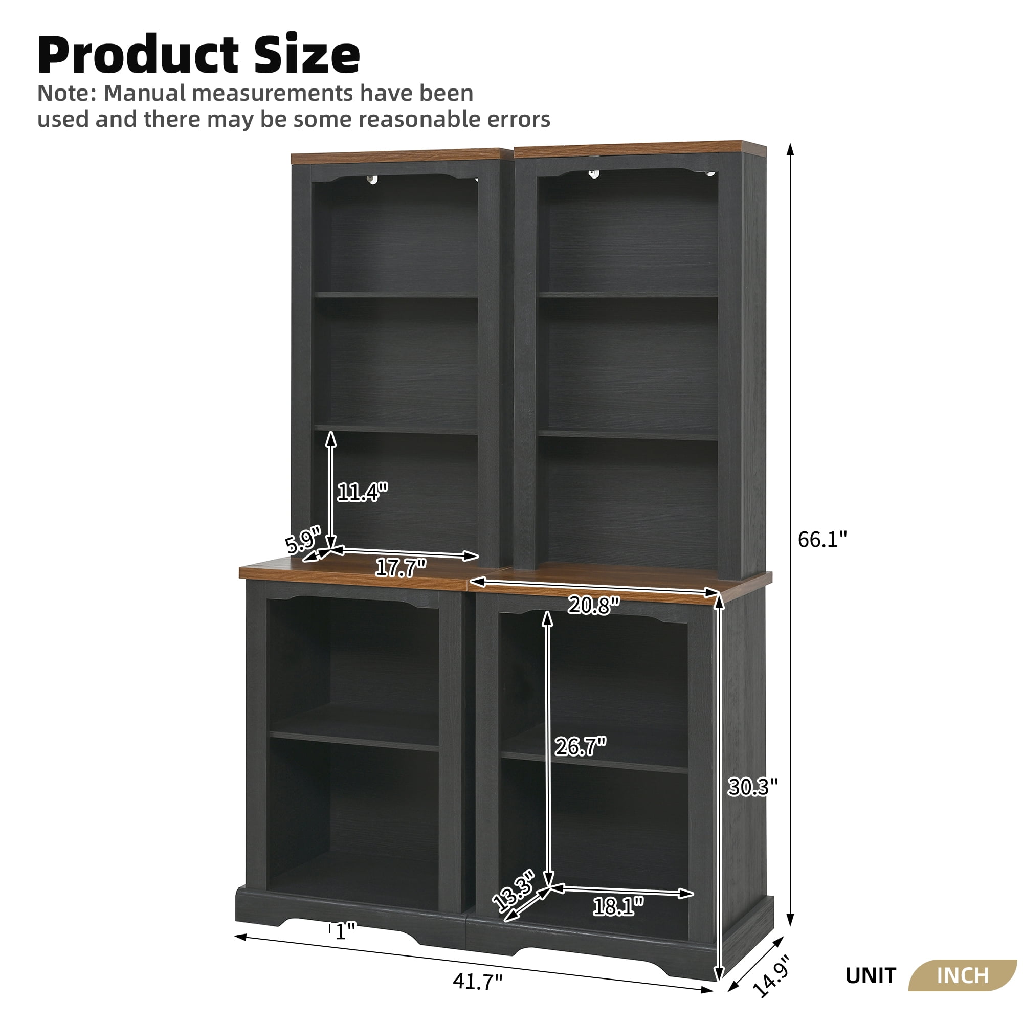 Miniyam 21" x 15" x 66" 2-Piece Freestanding Tall Cabinet with Fully Open Storage, Bookshelves with Curved Design, Display Bookcase with Anti-Tip Device, Black