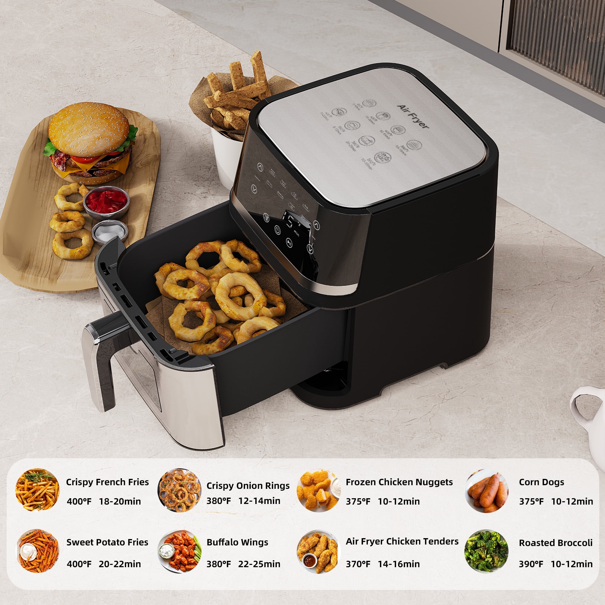 AboveMoon Stainless Steel 8Qt Large Digital Air Fryer with Window for Kitchen Use,Touchscreen Display,400F,Kitchen Appliances,NonStick Basket,Black airfryer