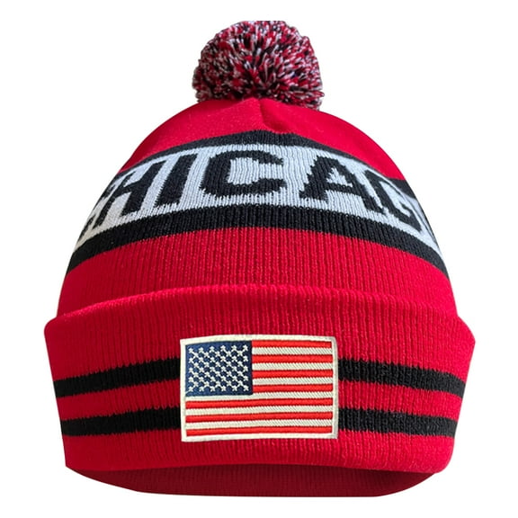 Aihccy US Flag Chicago City Hockey Embroidery Classic Pom Cuff Chicago Beanie Hat Cuffed Winter Hat Knit Toque Skull Cap Red