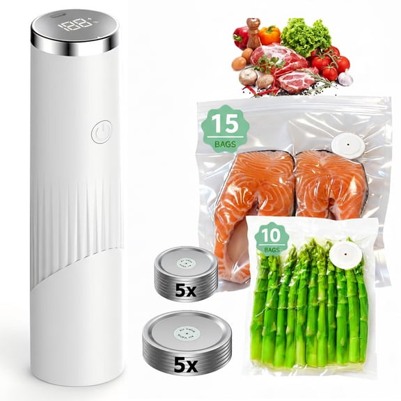 HBK Electric Handheld Vacuum Sealer with 25 Reusable Bags and 10 Mason Jar Lids, 60kPa Portable Food Saver Machine for Storage, Rechargeable