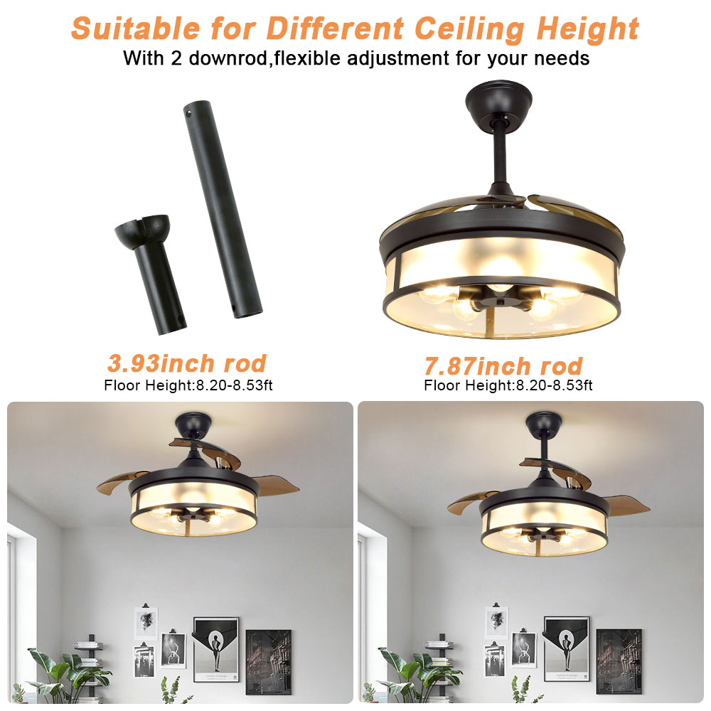 DingLiLighting Industrial Ceiling Fan with Light, 42" Vintage Acrylic Chandelier Fan Light Fixtures with Remote,Ceiling Fan with Retractable Blades for Living Room, Kitchen, Bedroom, 5 E26 Base - image 3 of 11