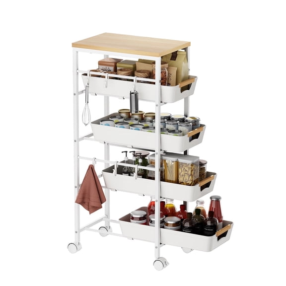 Uwoodia 5-Tier Slim Storage Cart, Wooden Top Rolling Kitchen Cart with Pull-Out Baskets & Wheels, Narrow Space Utility Cart Slide Out Organizer for Kitchen, Bathroom, Laundry Room, White