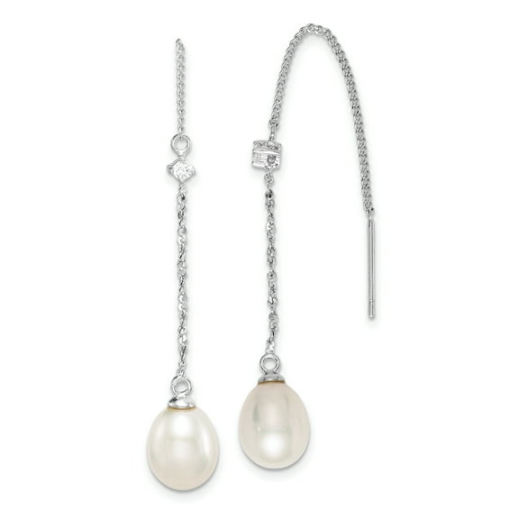 Primal Silver Sterling Silver Rhodium-plated 7-8mm White Rice Freshwater Cultured Pearl Cubic Zirconia Earrings