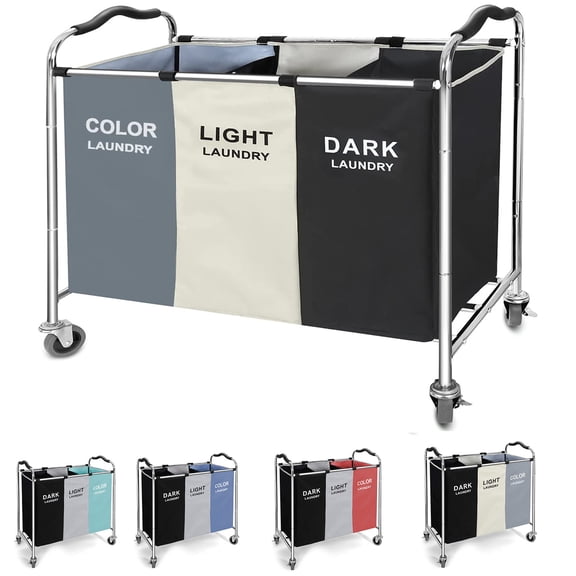 240L Laundry Basket With Wheels,16 X 30 X 35 In 3-Bag Laundry Hamper Cart For Dirty Clothes ,Storage And Organization With Clothes,Toys,Towels,Blankets For Laundry Room ,Bedroom & Bathroom(3 colors)