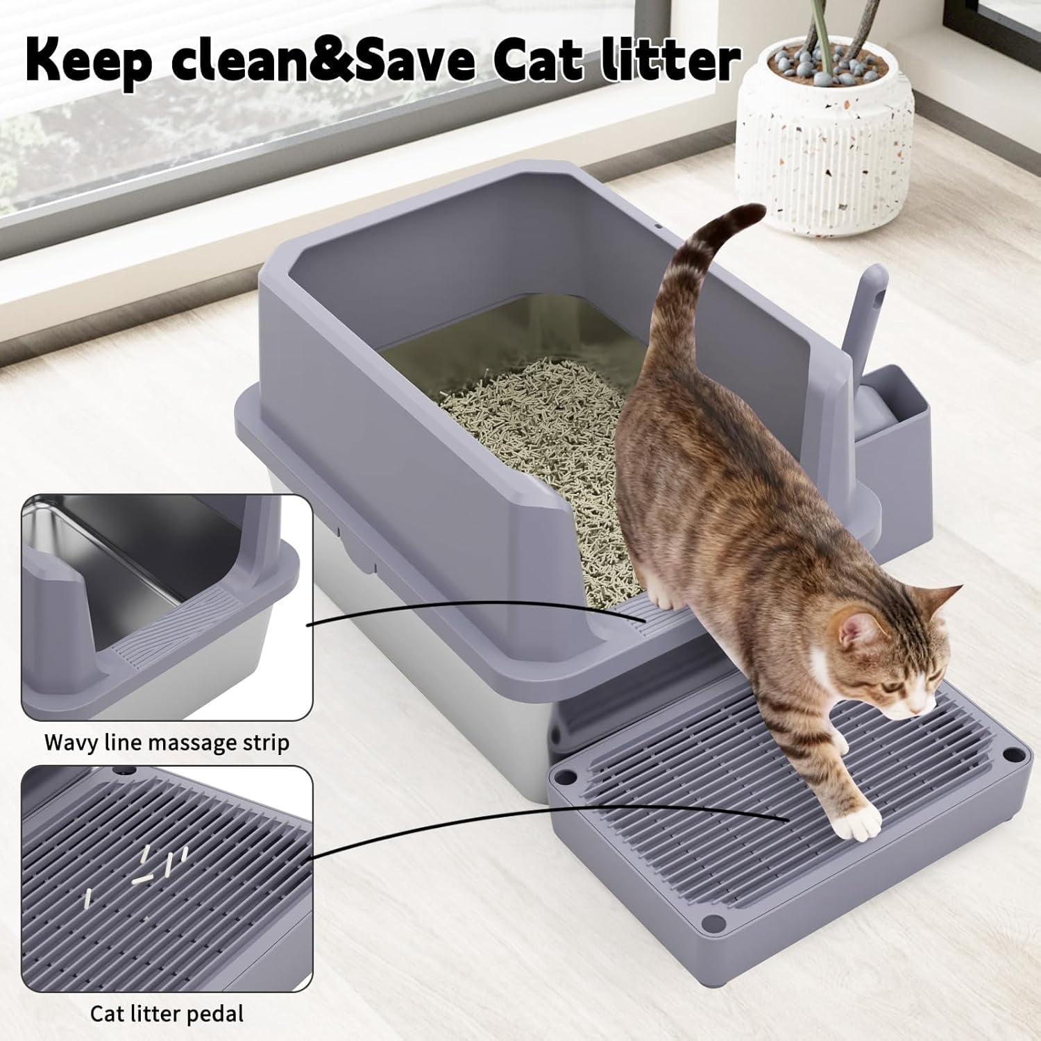 Stainless Steel Cat Litter Box with Odor Control - High Sides, Easy Clean Non-Porous Design - Includes Scoop for Open Top Fast Scooping