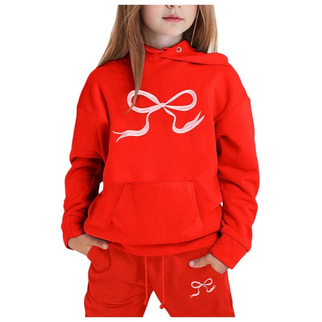 GDREDA Girls Outfit Set Children's Hoodie Set With Bow Print Red,12-13Years