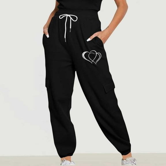 Fartey Cargo Sweatpants for Women High Waist Cinch Bottom Sweatpants Baggy Comfy Fall Fleece Joggers Cute Love Print Drawstring Sweatpants with Pockets Black S