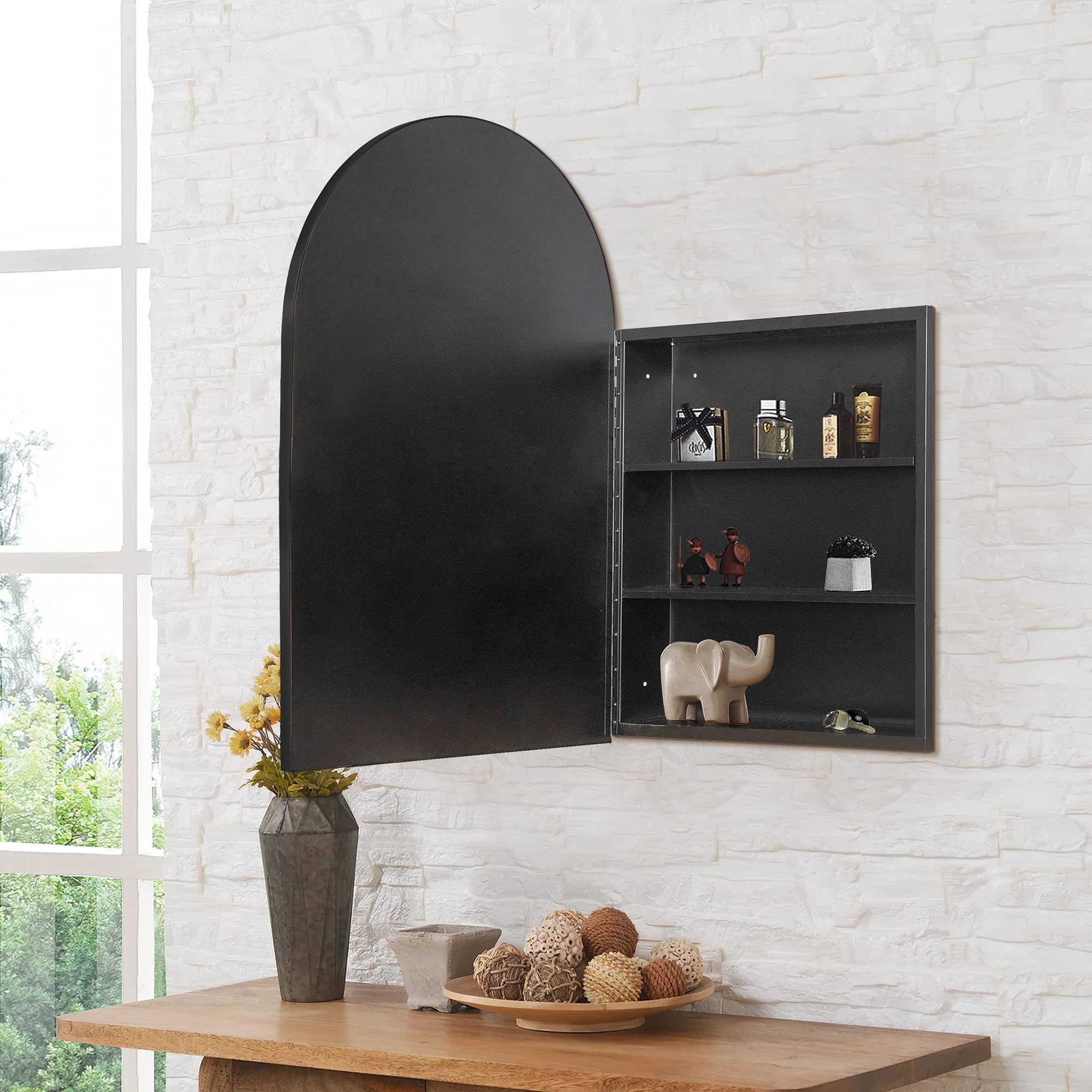 MAYEERTY 36"x24" Iron Rounded Arch Medicine Cabinet with Mirror for Bathroom , Black