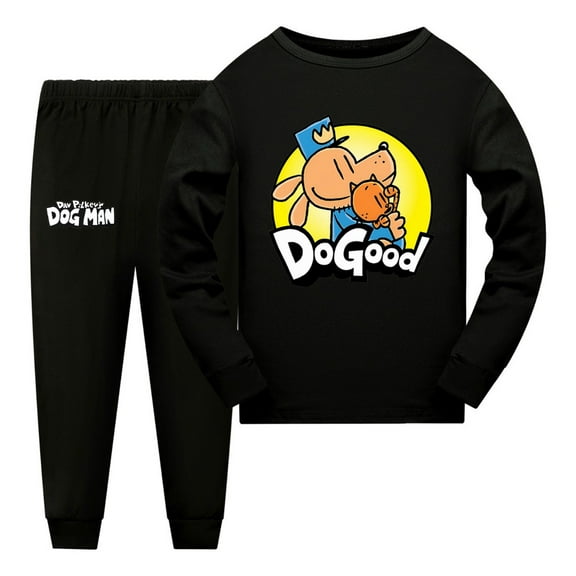 Dog Man Do Good Eating Pose Pajamas Set – Funny Comic Sleepwear for Kids Boys and Girls – Long Sleeve Loungewear