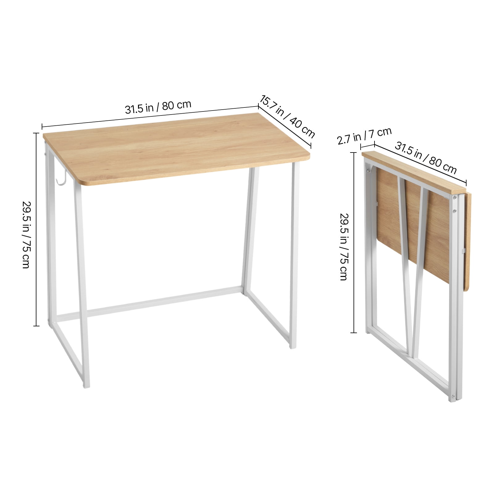 KFFKFF Foldalbe Desk, 31.5" Small Desk with Storage Hooks, Space-Saving Computer Desk for Home Office, Simple Assembly, Oak Finish