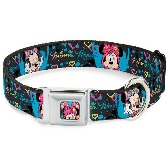 Disney Pet Collar, Dog Collar Metal Seatbelt Buckle, Minnie Mouse Hoody Headphone Poses Gray Multi Color, 9.5 to 13 Inches 1.0 Inch Wide