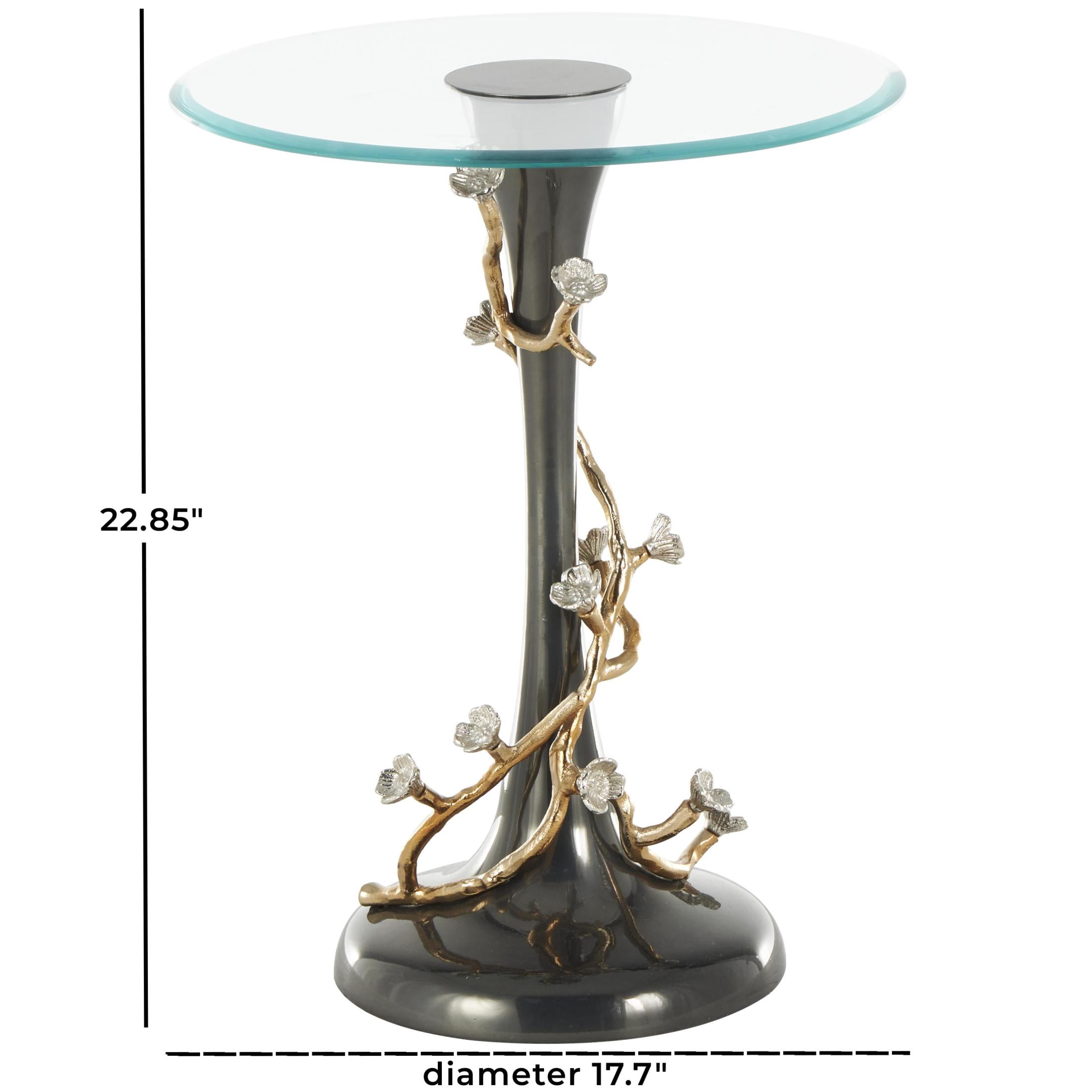 DecMode 18" x 23" Black Aluminum Metal Twisted Vine Floral Accent Table with Gold and Silver Accents and Glass Tabletop, 1-Piece