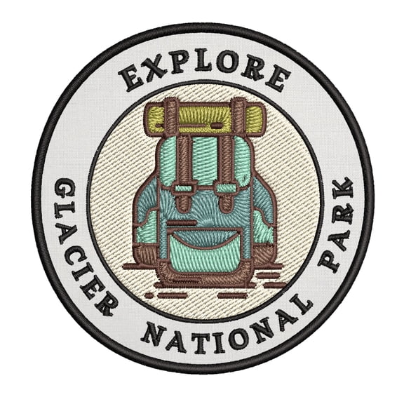 Explore! Glacier National Park 3.5 Inch Iron Or Sew On Embroidered Fabric Badge Patch Seek Adventure, National Park Iconic Series