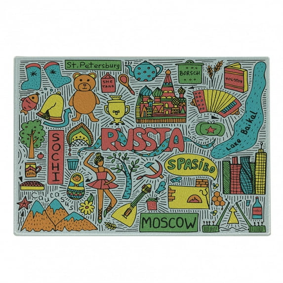Doodle Cutting Board, Russia Themed Cartoonish Graphic of Colorful Landmark Print, Decorative Tempered Glass Cutting and Serving Board, in 3 Sizes, by Ambesonne