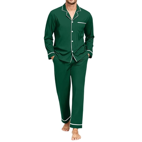Delconic Mens Pajama Set Long Sleeve Button Front Sleepwear Set Collared Shirt and Full Length Pants Relaxed Fit Loungewear Army Green L