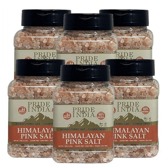 Pride Of India - PACK of 6 - Dark Himalayan Pink Salt Crystals w/ 84  Natural Minerals, Coarse 4-5mm - 1 Pound (16 oz) Dual Sifter Jar - Use in Cooking and in Grinders - Superb Value-Authentic Flavor