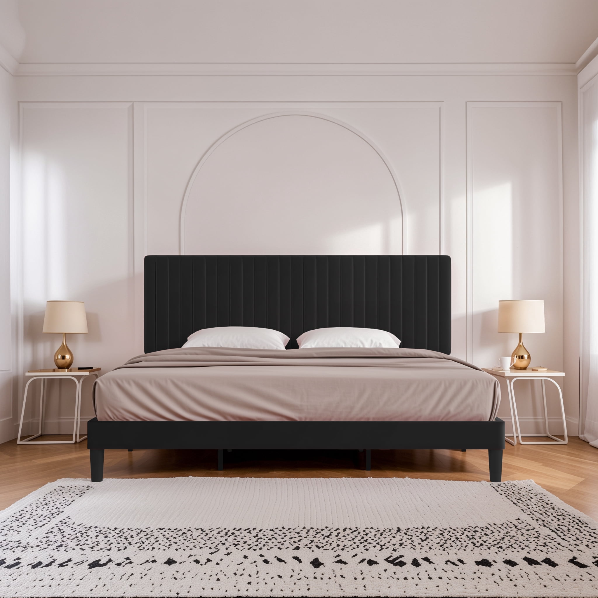 Einfach King Size Platform Bed Frame with Upholstered Adjustable Velvet Vertical Tufted Headboard, Black
