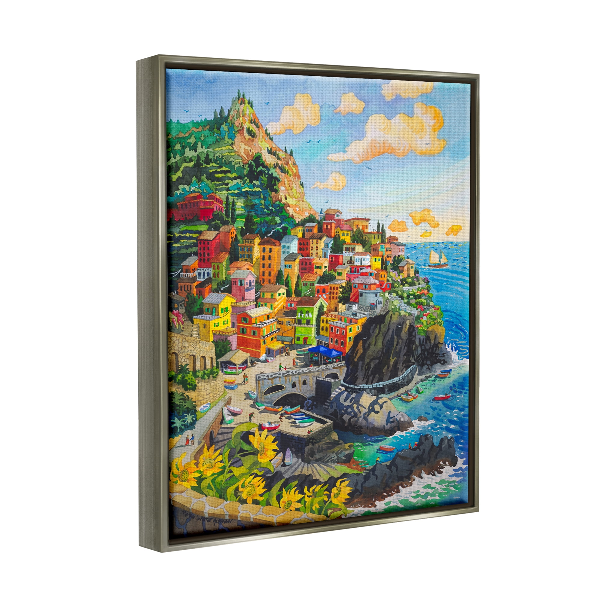 Stupell Industries Cinque Terre View Travel & Places Painting Gray Floater Framed Art Print Wall Art, 25 x 31
