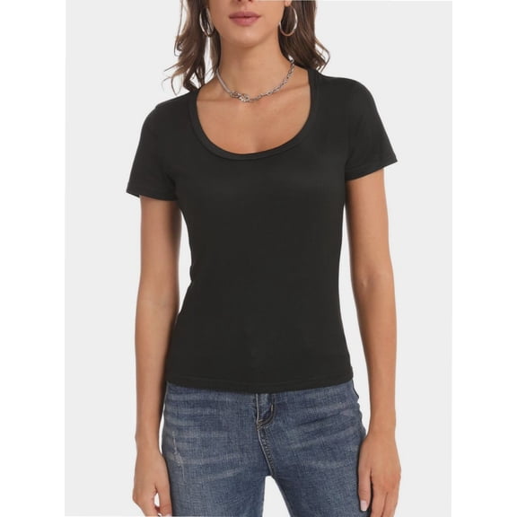 Women's Scoop Neck Short Sleeve T Shirt Slim Fit Sexy Tops