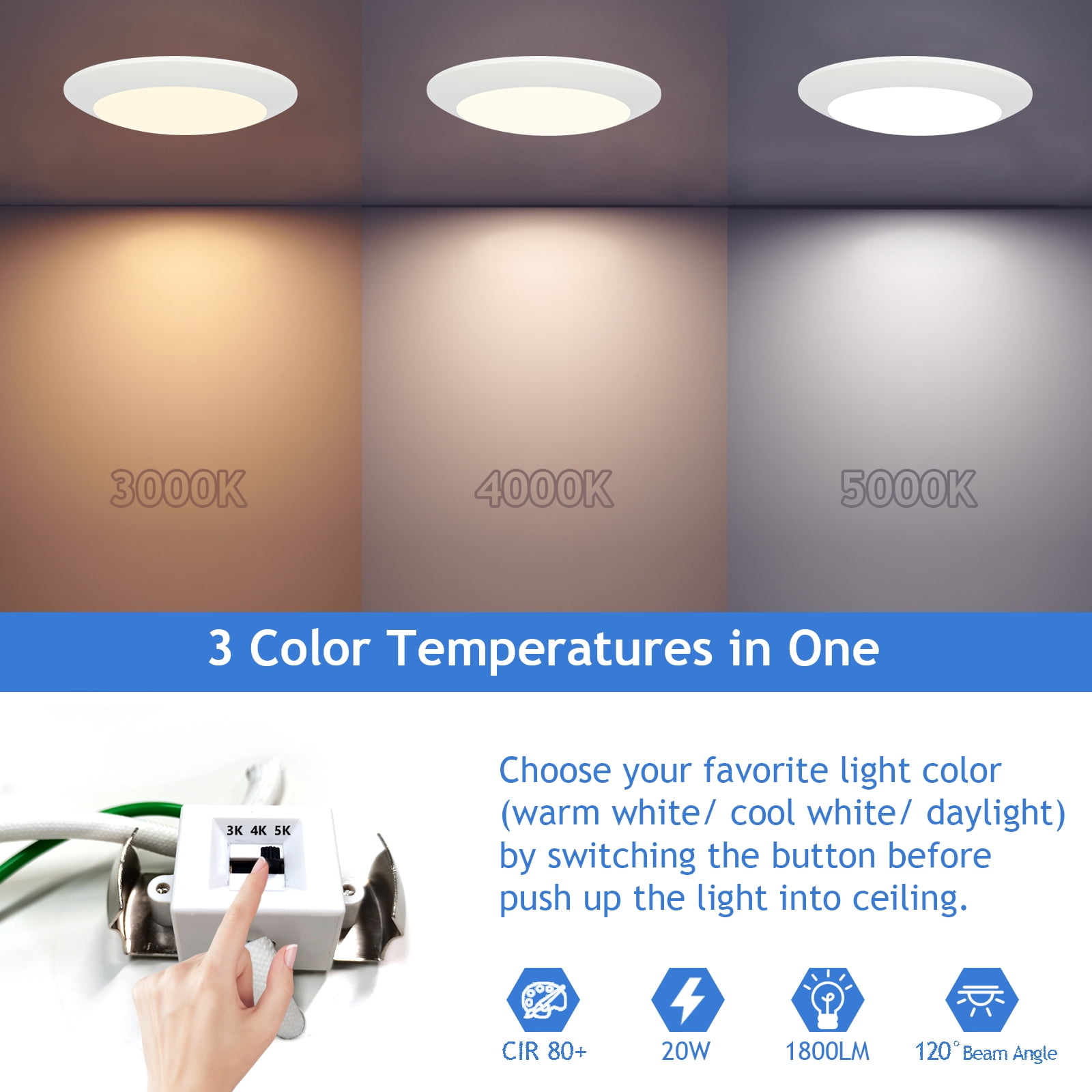4 Pack LED Flush Mount Ceiling Light Dimmable 11 Inch - 3000K 4000K 5000K 3 Color Temperature Selectable, 20W, Bright 2000LM, 120V, Round Ultra Thin LED Light Ceiling, ETL