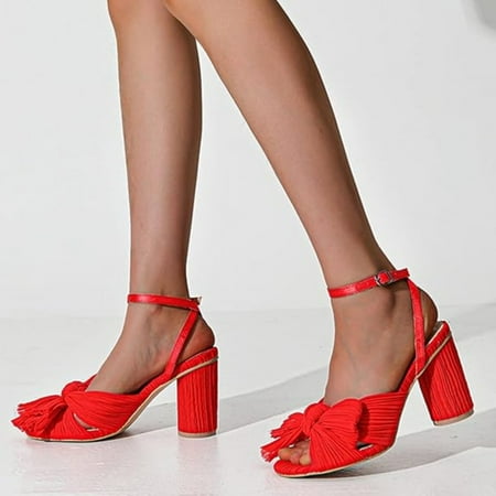Women s Bow Knot Heeled Sandals Open Toe Ankle Strap Chunky Heels Bridal Wedding Dress Shoes Pumps
