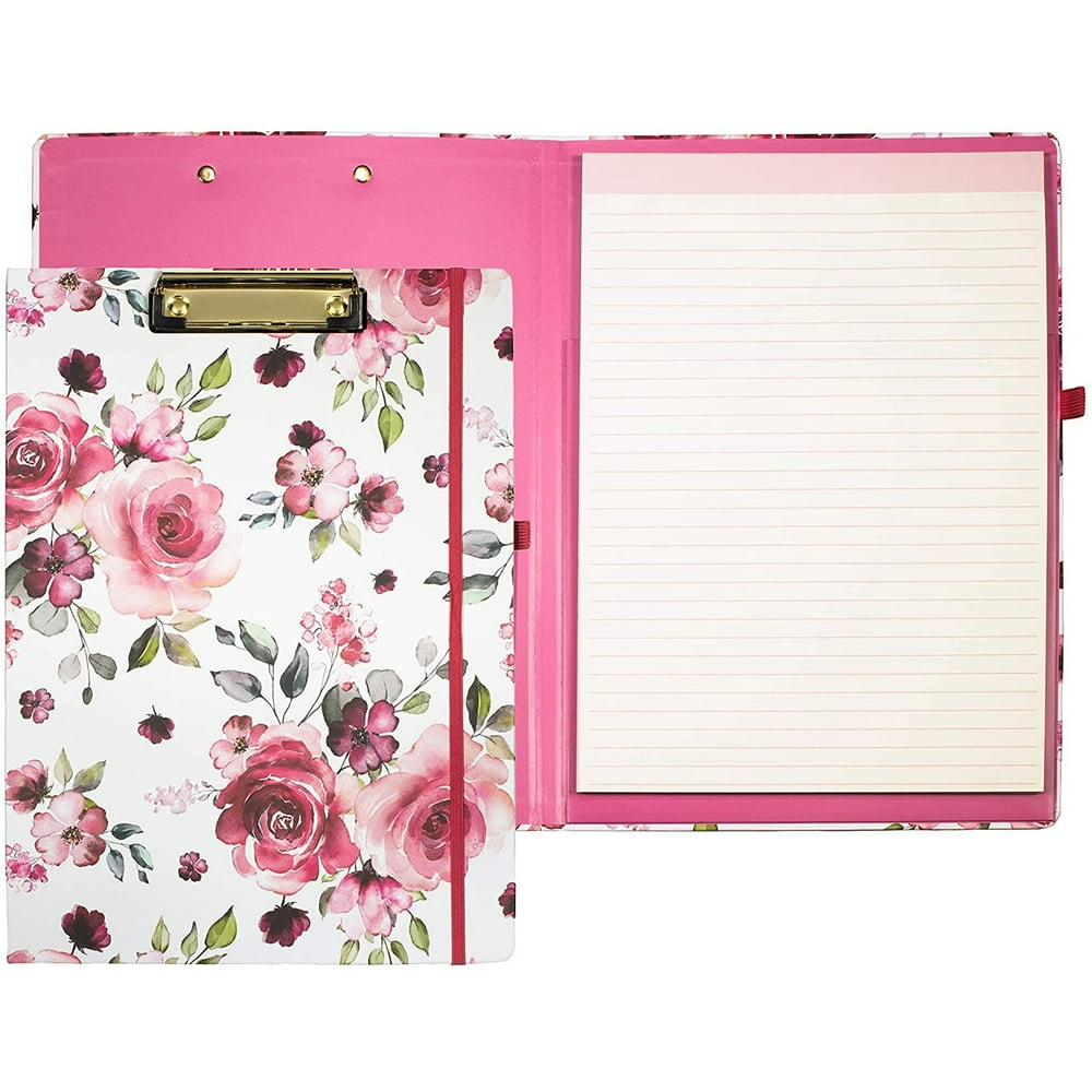 Cute Clipboard Folio with Refillable Lined Notepad and Interior Storage Pocket for Women