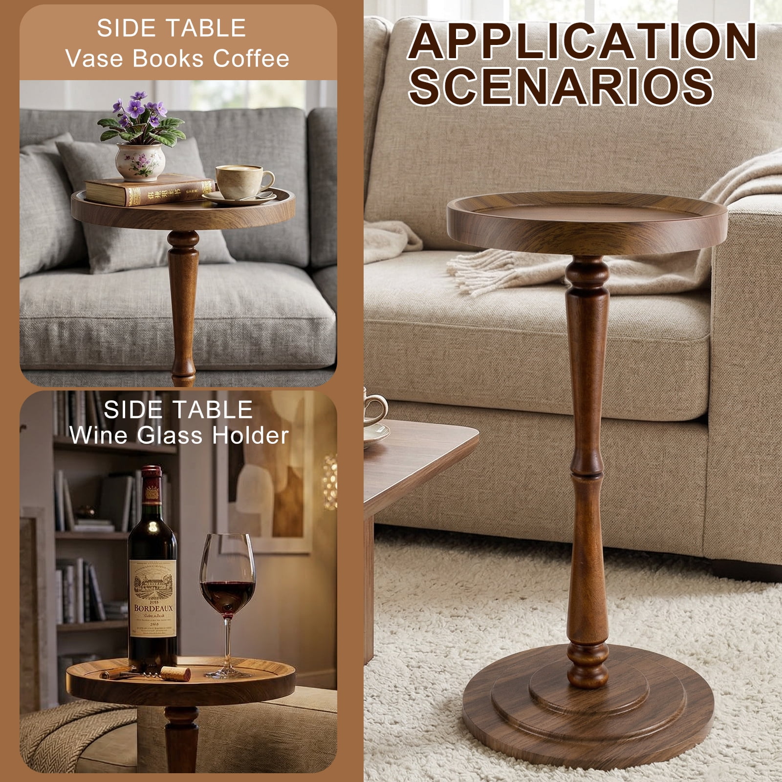 ManyFun Round Side Table, Wood Drink Table for Small Spaces, Round End Table for Living Room, Bedroom, Sofa Couch, Corners (Brown Spindle-shaped)