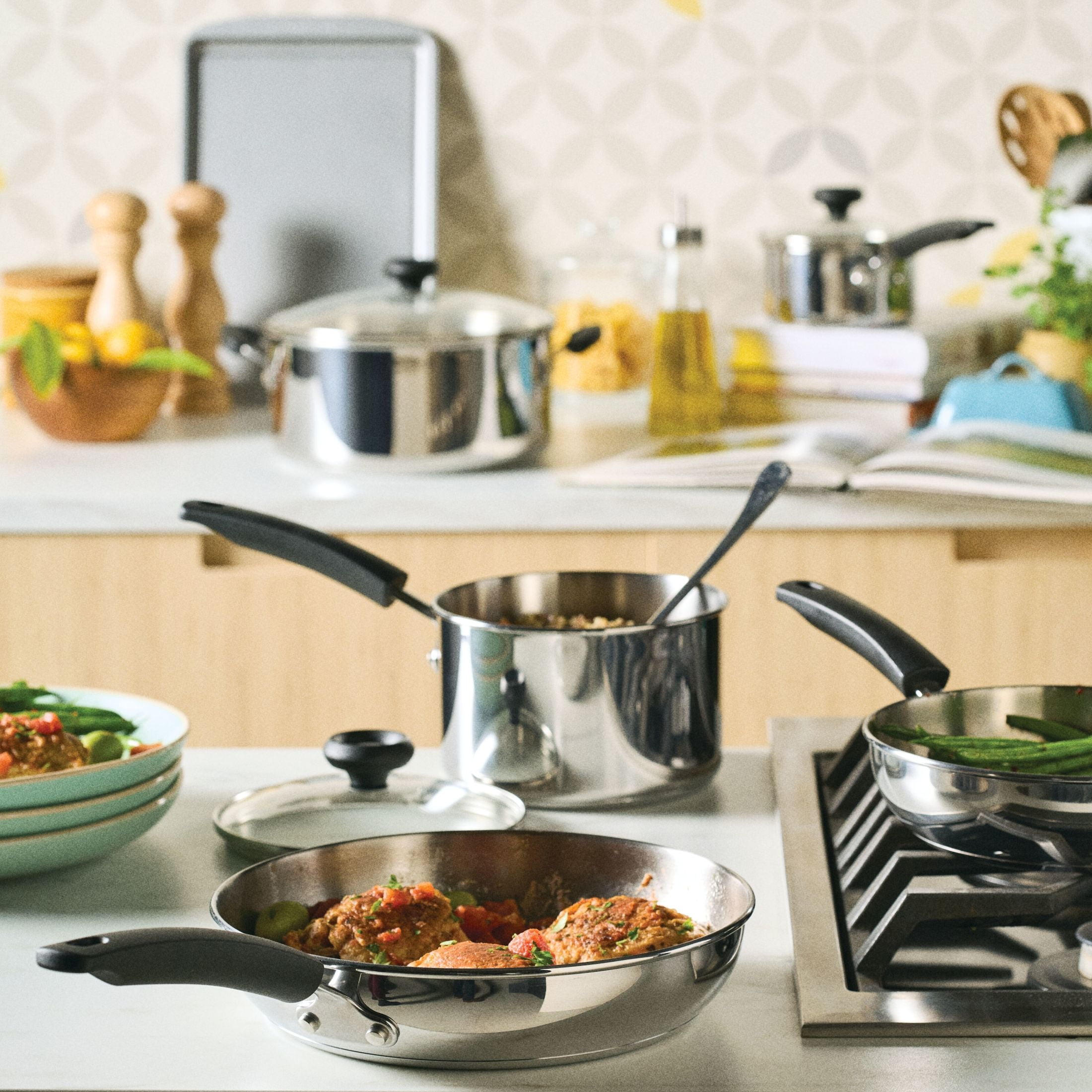 Farberware SureSteel 14 Pcs Stainless Steel Cookware Set Includes Baking Pan and Cooking Tools, Induction Compatible, Dishwasher Safe, Metal Utensil Safe, Stainless Steel
