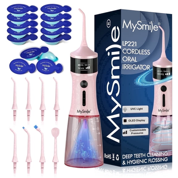 MySmile LP221 OLED Cordless Water Flosser with UVC Light & 30pc Mouthwash Combo, Portable Oral Irrigator Electric Dental Flosser Picks for Teeth Cleaning, Braces, Gums, 5 Modes, 8 Jet Tips, Pink