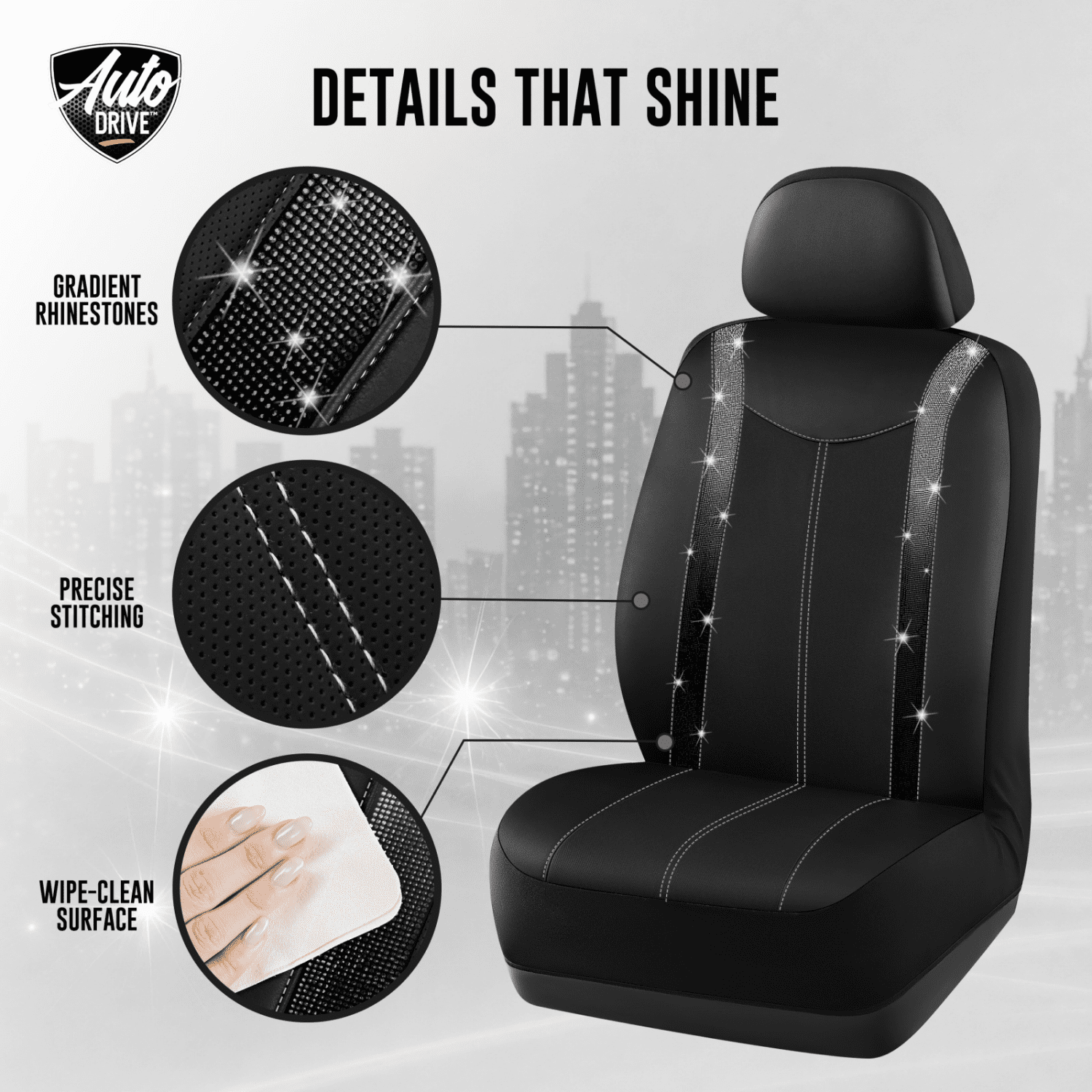 Auto Drive Diamond Leather Car Seat Cover,Luxury Bling Crystal Design,Universal Fit for Cars,SUVs Sliver Black