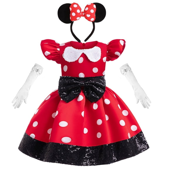 Girls Princess Dress Polka Dot with Headband Gloves Christmas Birthday Dress up