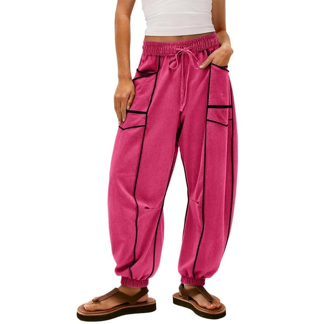 Womens Barrel Sweatpants Baggy High Waisted Wide Leg Drawstring Striped Lounge Pants with Pockets