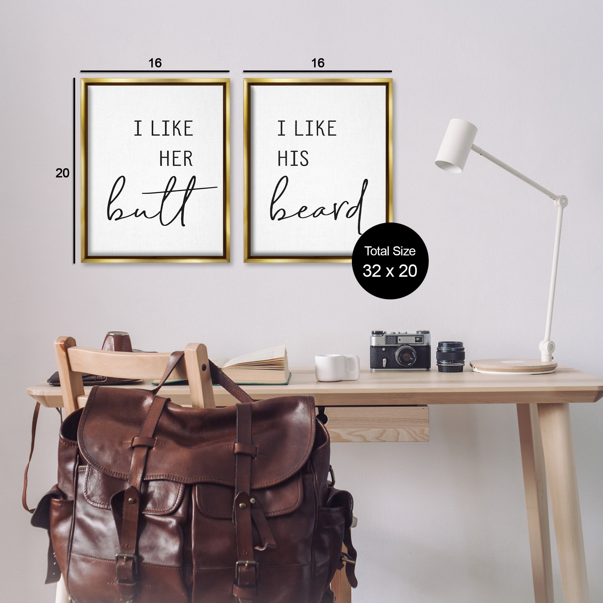 Stupell Industries Her Butt His Beard Funny Romantic Typography Painting Gold Floater Framed Canvas Art Print Wall Art, 17 x 21, Set of 2