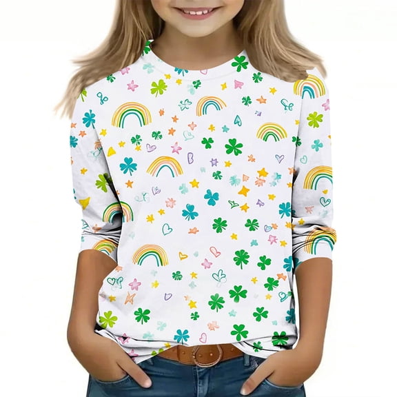 Cethrio St Patrick's Day T-shirts for Girl, Casual Crew Neck Graphic Graphic 3/4 Sleeve Tops Multicolor Size 10-12