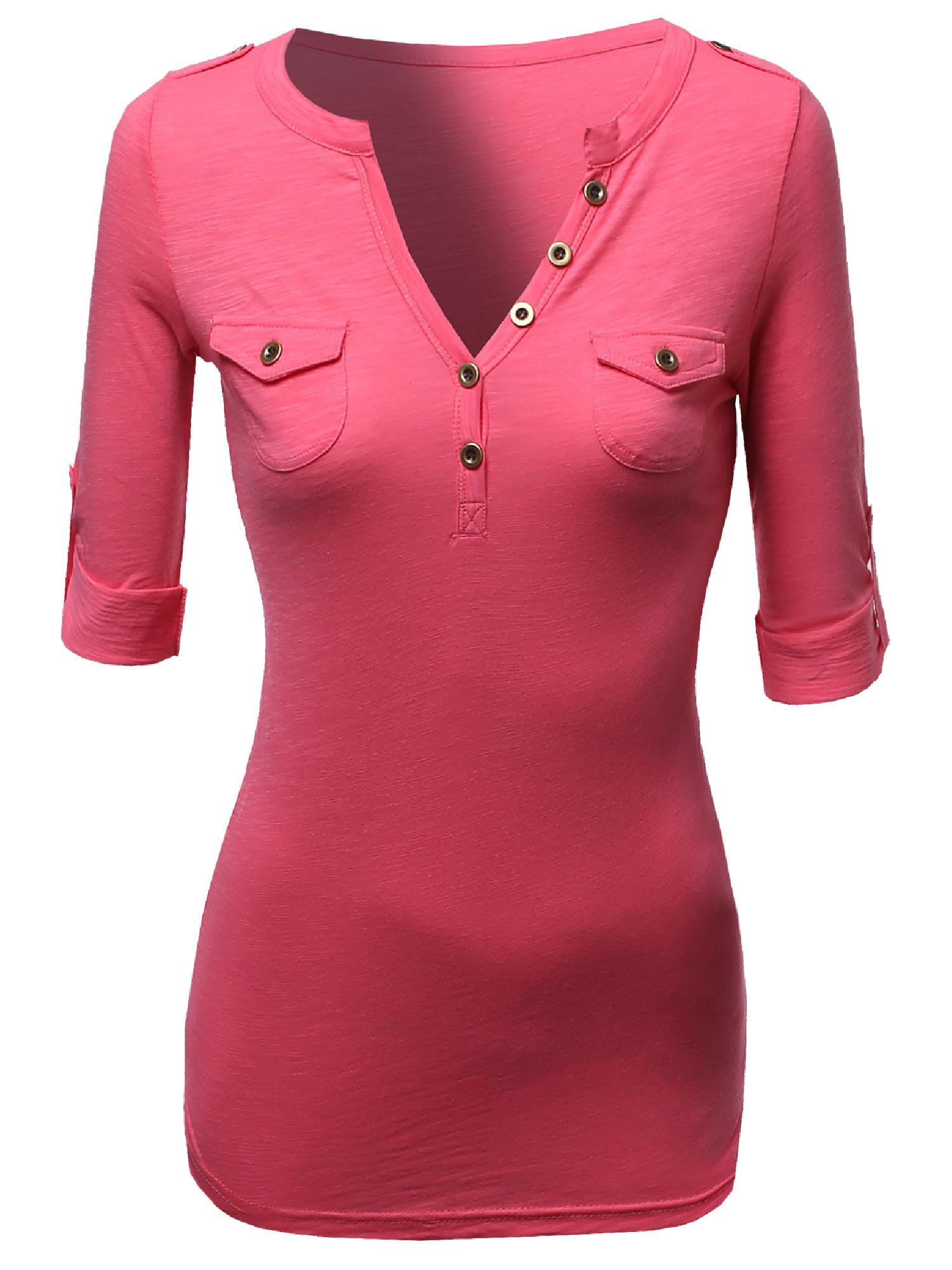 FashionOutfit FashionOutfit Women's Stretchy Cotton Snap Button Down Long Sleeve Henley T