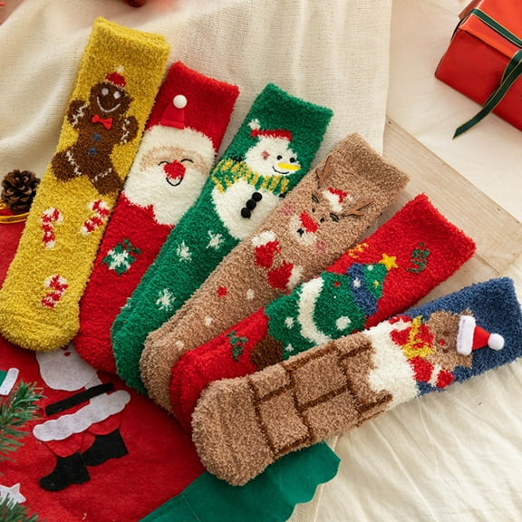 6 Pairs Christmas Socks Cozy Fuzzy Socks for Women Non Slip Socks Slipper Socks Fluffy Socks Hospital Socks with Grips for Women Sleep