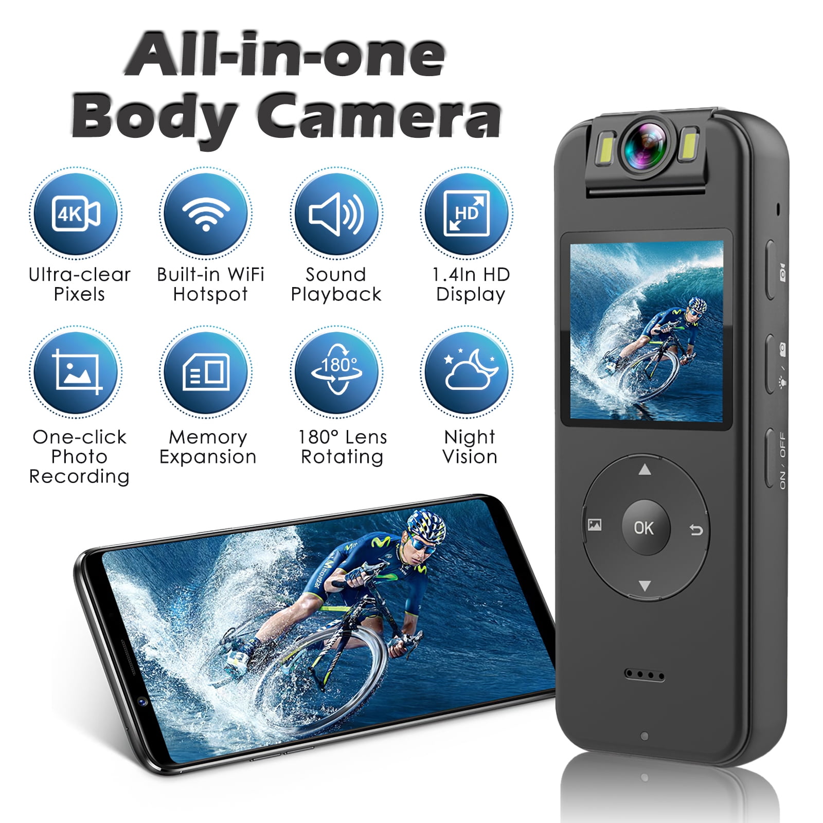RONY 128GB 4K Body Camera with Audio Video Recording Night Vision 180° Rotate Lens, 1.4’’ Screen Wearable Camcorder with Back Clip, Support WiFi Connection, Black