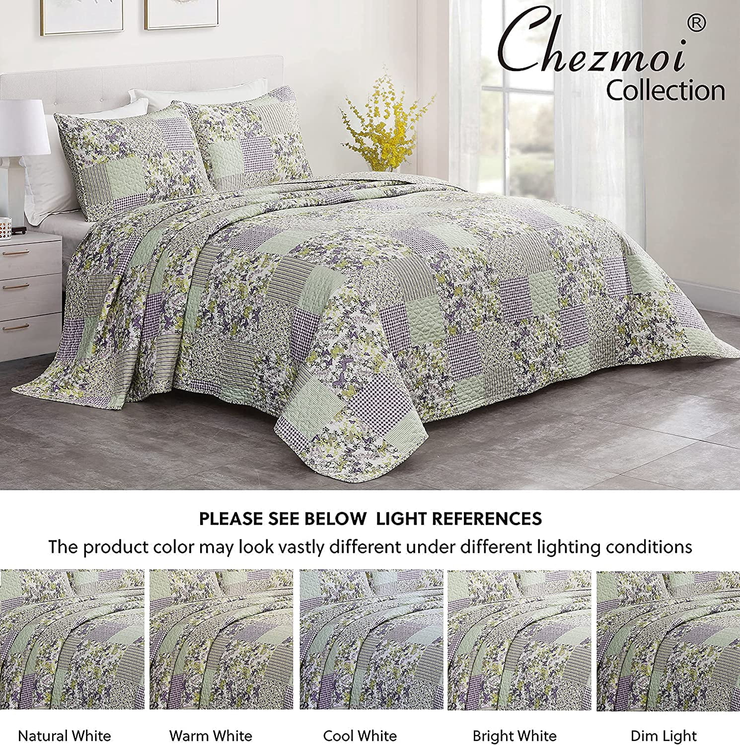 Chezmoi Collection Daisy 3-Piece Printed Patchwork Quilt Set, Purple Butterfly Botanical Candy Stripe Checkered Coverlet, Pre-Washed Microfiber Lightweight Reversible Bedspread, Oversized King Size