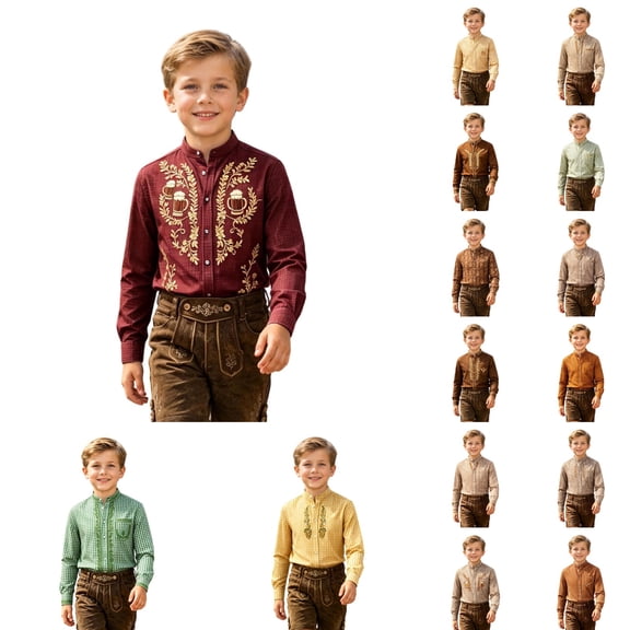 KHONTS Oktoberfest Graphic Printed Shirts for Boys Kids Long Sleeve Western Shirts Button down Casual Tops,Size 2-14 Years 15-Orange 160