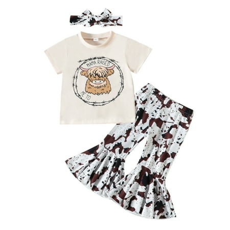 

Follure Girls Cow Head Letter Pattern T Shirt Tie Dye Printing Flared Pants And Headscarf Three Piece Summer Set Baby Girl Outfit 3-6 Months Welcome Home Baby Set