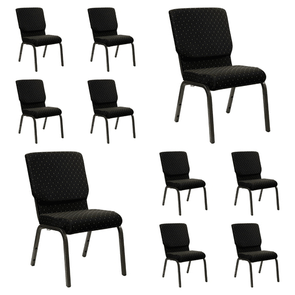 (10 PACK) 18.5'' Wide Black Dot Patterned Fabric Church Chair with Book Pouch and Gold Vein Frame - Multipurpose Stackable Office Side Chair