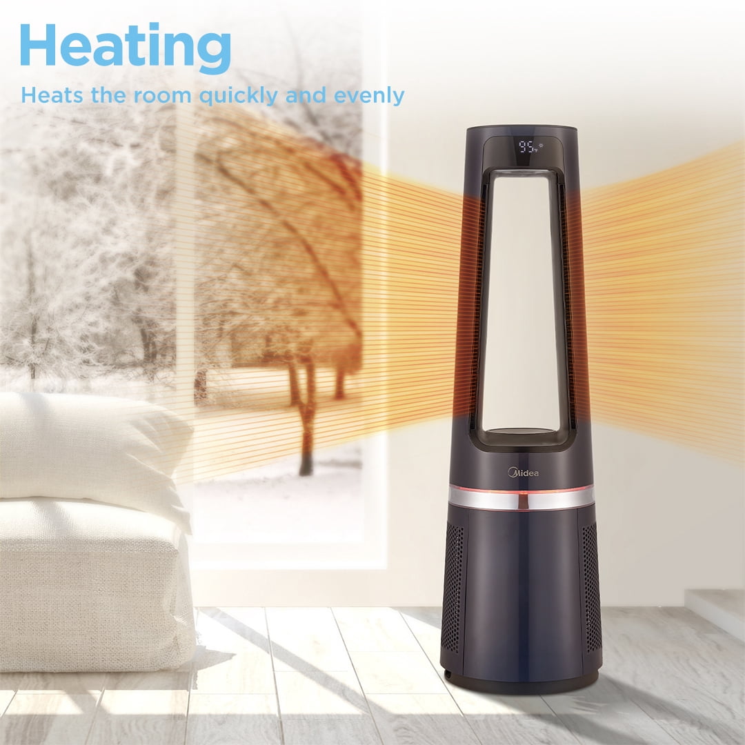 Midea 33.5" Bladeless Fan, 3-In-1 Heater, Air Purifier, Fan, Dual Ceramic Heating, HEPA Filter, Black