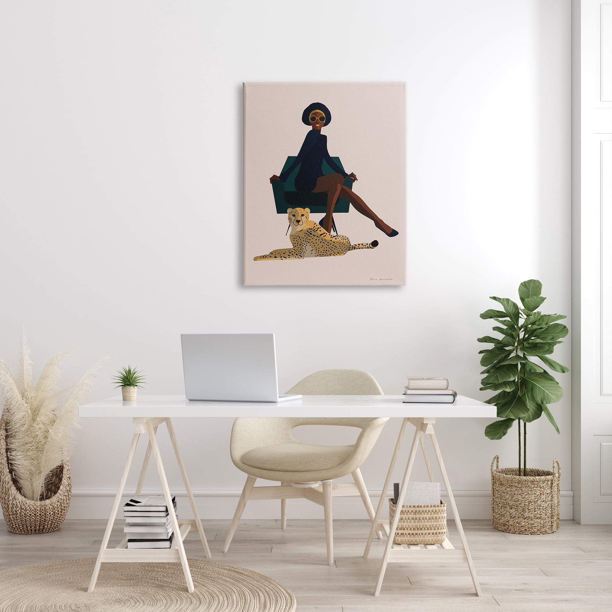 Stupell Industries Modern Fashion Pose Female Cheetah Cat Green Chair, 30 x 40, Design by Omar Escalante