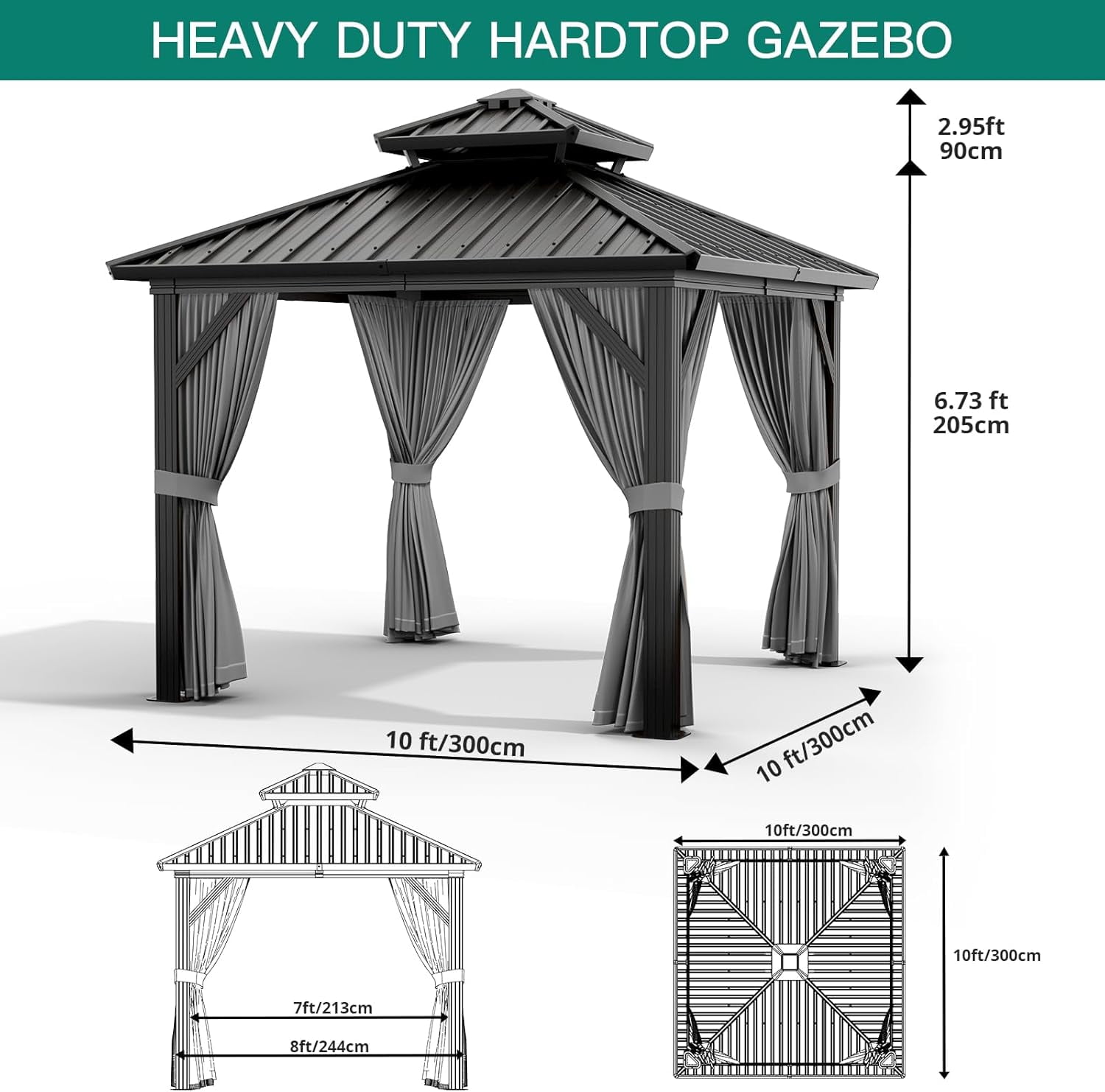 Twister.CK 10x10ft Gazebo, Hardtop Double Roof Canopy with Netting and Curtains, Outdoor Galvanized Iron Aluminum Frame Garden Tent for Patio, Backyard, Deck, Lawns, Gray