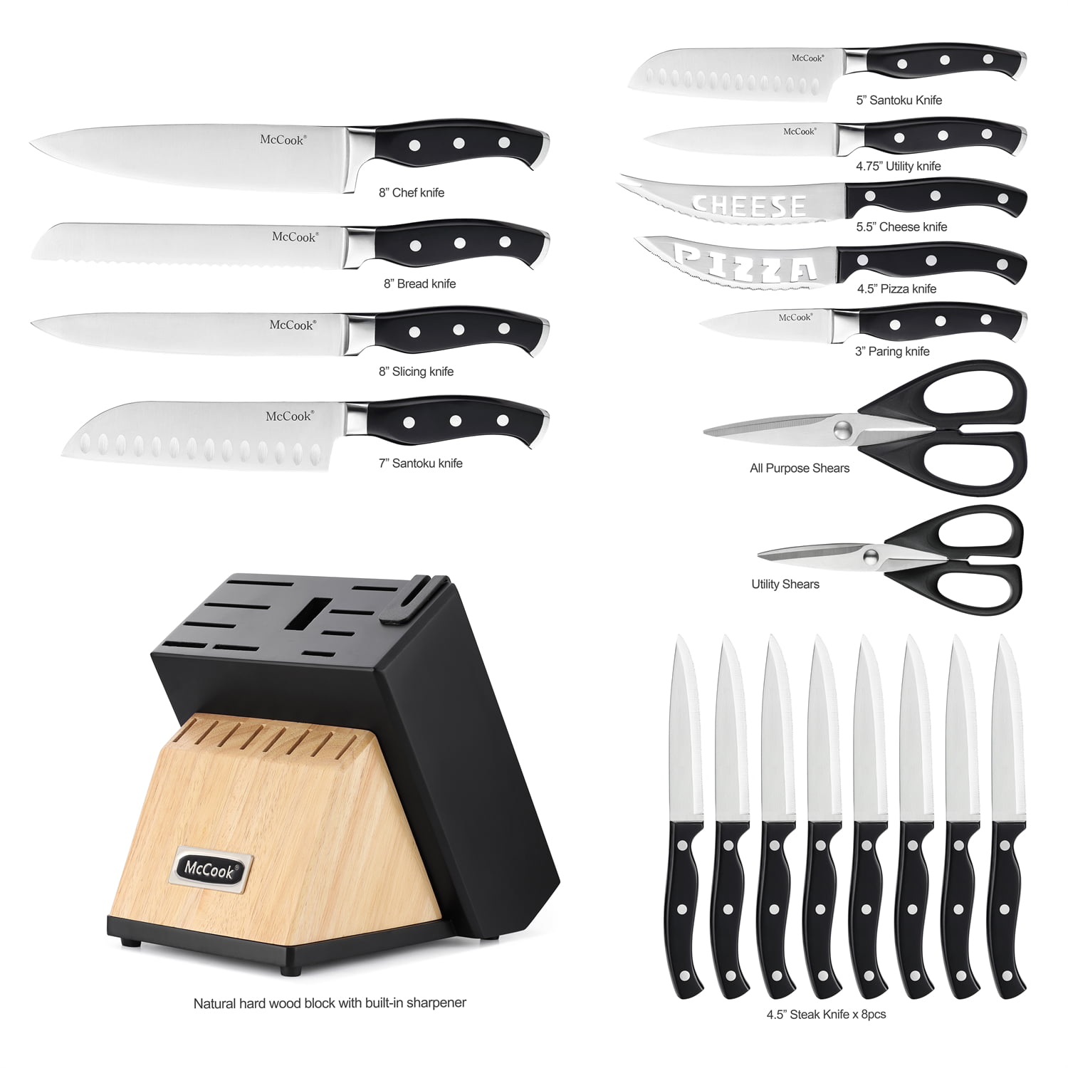 McCook Mc69g Kitchen Knife Sets with White Block,20 Pieces Luxury Golden Titanium Knife Block Set with Built-in Sharpener