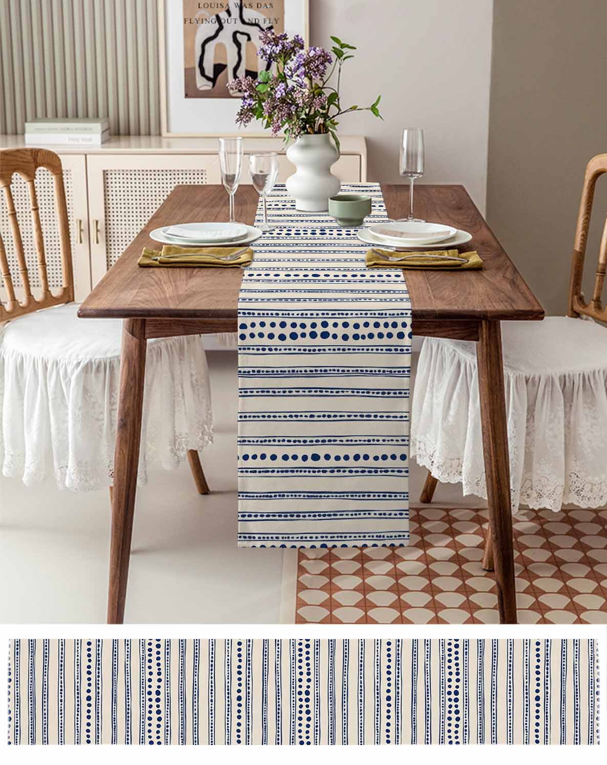 Ldtrchee Navy Blue Table Runner 36 Inches, Modern Geometric Abstract Art Striped Bed Runner Dresser Scarves Tabletop for Indoor Outdoor Parties/Ceremony/Banquet, 13"x 36"