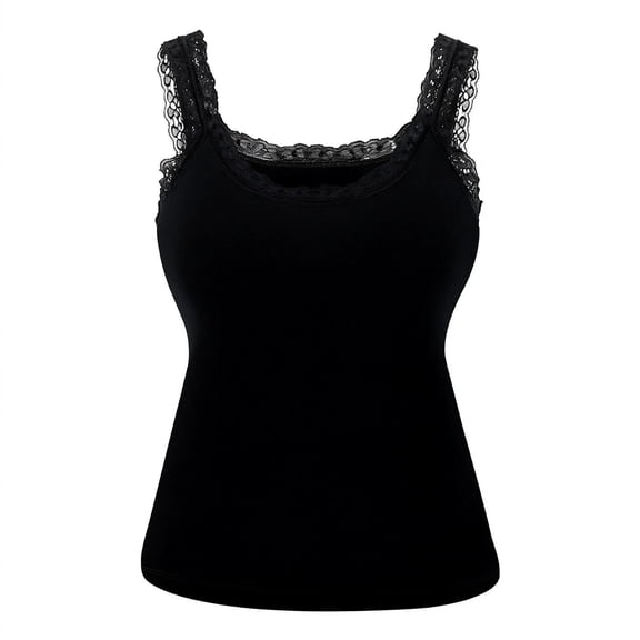 Women’s Lace Trim Tank Top Sleeveless Scoop Neck Fitted Camisole Soft Stretchy Undershirt for Daily Wear Black L